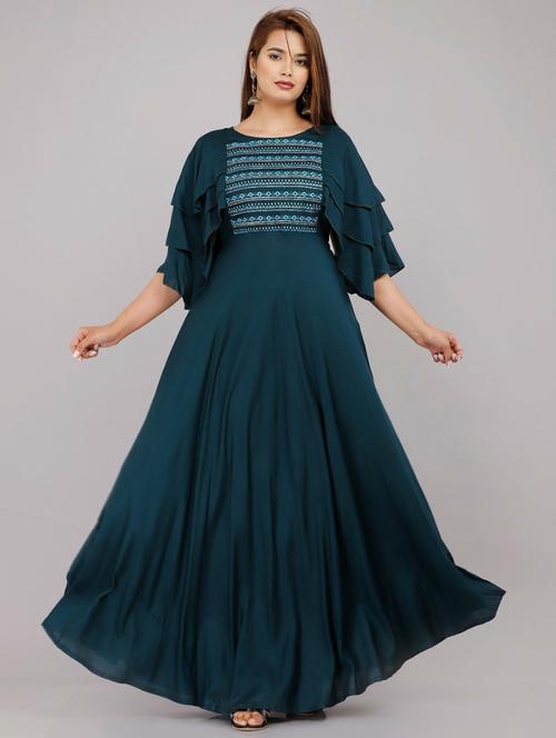 teal embroidered flared ethnic dress - 20263956 - Very Small Image - 1