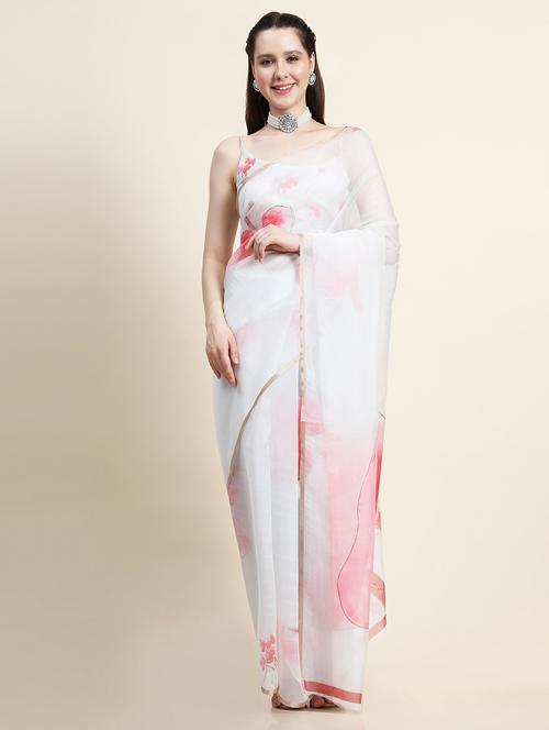 women's floral white colored saree with blouse - 20264224 - Very Small Image - 1
