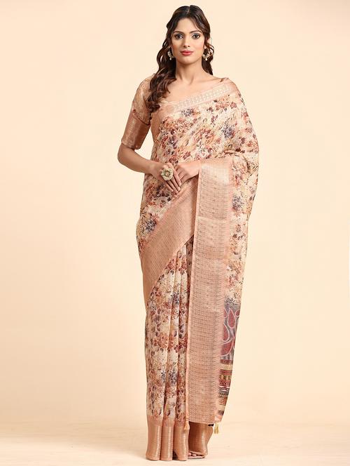 women's floral beige colored saree with blouse - 20264296 - Very Small Image - 1