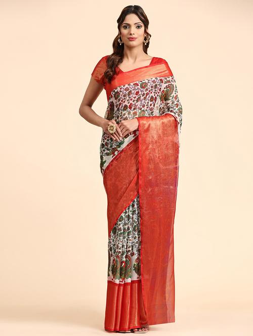 women's floral red colored saree with blouse - 20264302 - Very Small Image - 1
