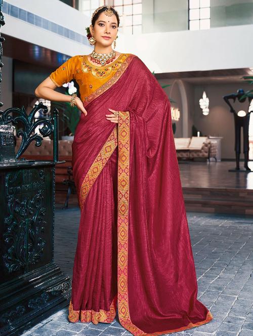women's solid burgundy colored saree with blouse - 20264341 - Very Small Image - 1