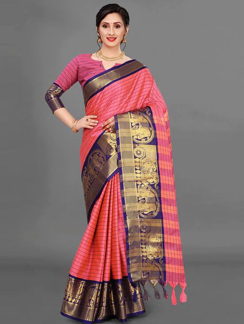 checkered zari work contrast border saree with blouse - 20264701 - Very Small Image - 1