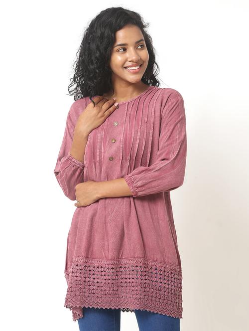 pink solids round neck regular tunic - 20265054 - Very Small Image - 1