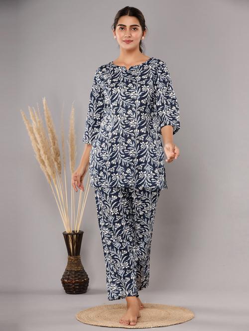 dark blue floral print pyjama set nightwear - 20265370 - Very Small Image - 1