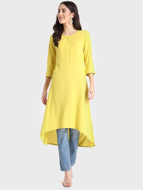 women yellow solid round neck high-low kurta - 20265728 - Very Small Image - 1