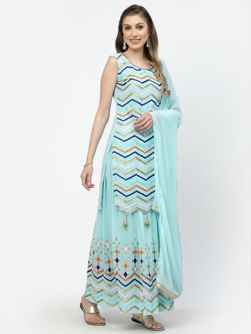 women light blue sleeveleess kurta sharara set with dupatta - 20266222 - Very Small Image - 1
