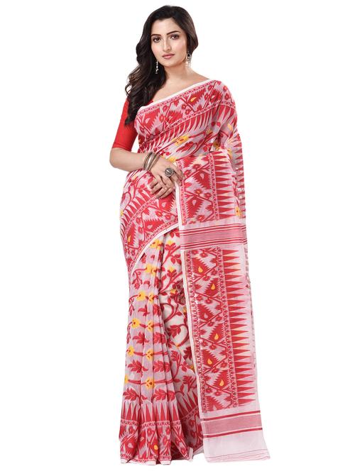 red cotton jamdani saree - 20266356 - Very Small Image - 1