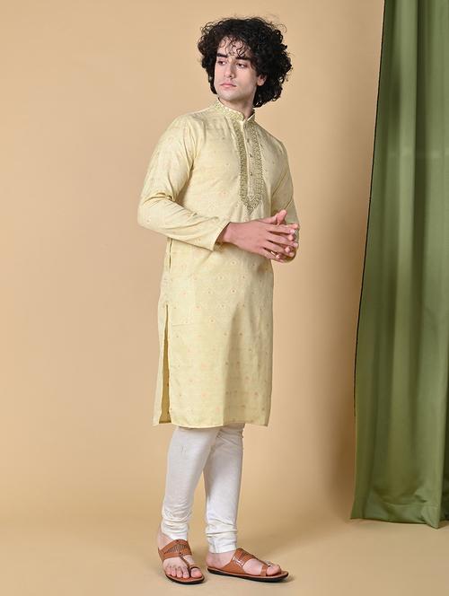 men cream jacquard long kurtas kurta - 20266820 - Very Small Image - 1