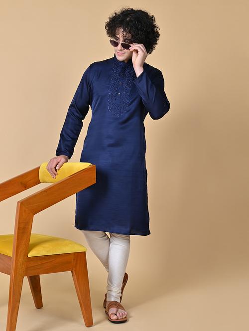 men navy blue silk blend ethnic wear set - 20266840 - Very Small Image - 1