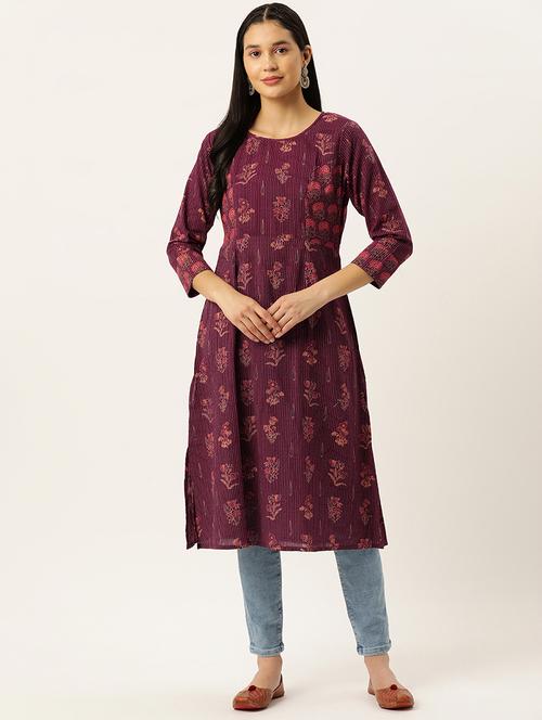 purple round neck floral printed kurta - 20267394 - Very Small Image - 1
