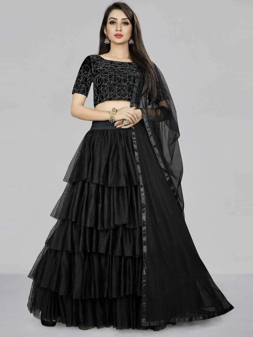 black colored tiered lehenga - 20268669 - Very Small Image - 1