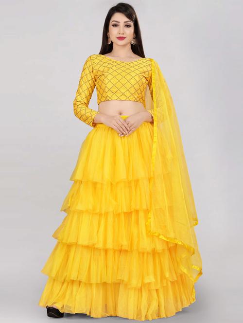 yellow colored tiered lehenga - 20270588 - Very Small Image - 1