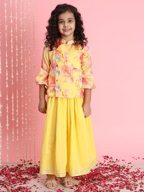 girls yellow cotton lehenga choli set - 20272010 - Very Small Image - 1