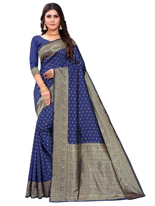 women's self design navy blue colored saree with blouse - 20273441 - Very Small Image - 1