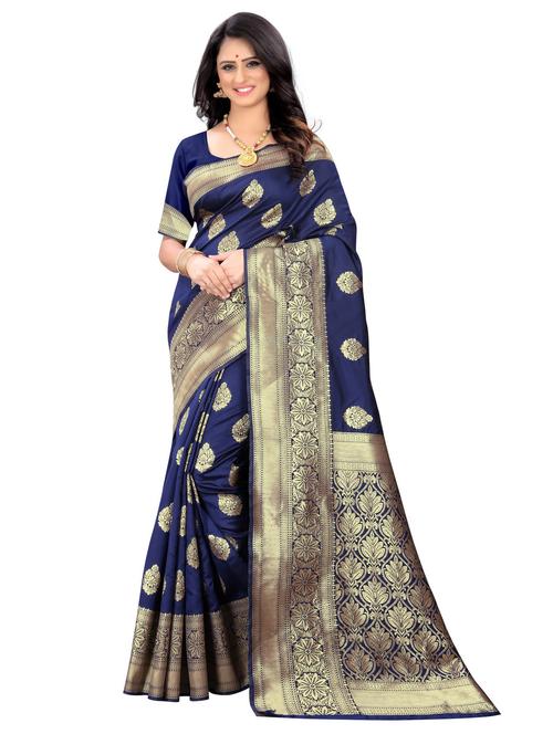 women's self design navy blue colored saree with blouse - 20273447 - Very Small Image - 1