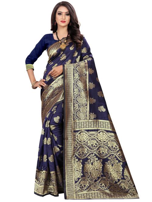 women's self design navy blue colored saree with blouse - 20273468 - Very Small Image - 1