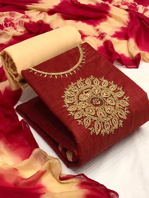 maroon embroidered unstitched salwar suit set - 20275769 - Very Small Image - 1