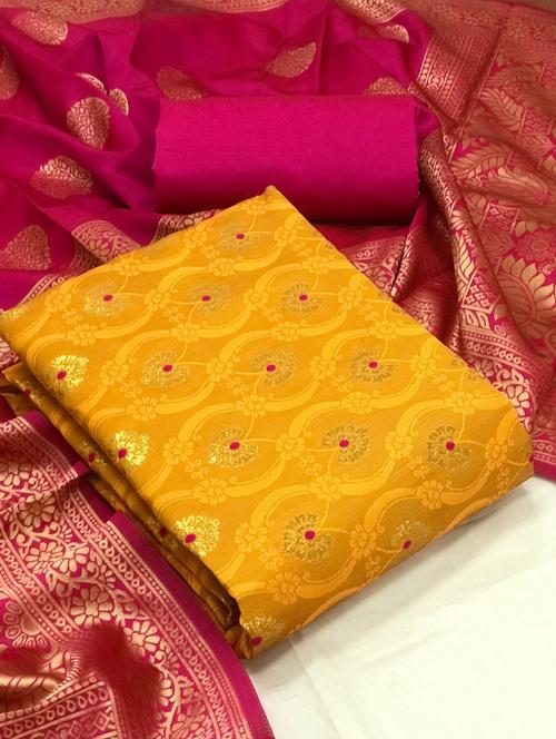 yellow zari work unstitched salwar suit set - 20275786 - Very Small Image - 1