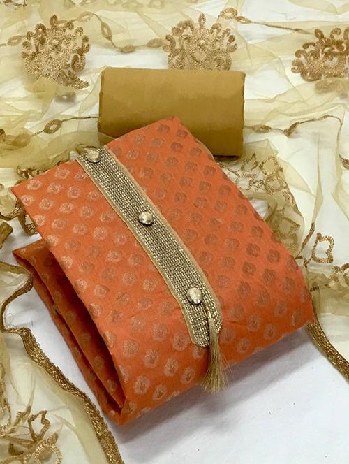 orange colored unstiched dress - 20276023 - Very Small Image - 1