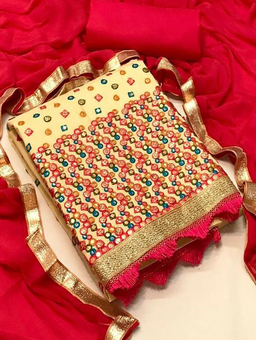 women beige mirror work unstitched suits - 20276033 - Very Small Image - 1