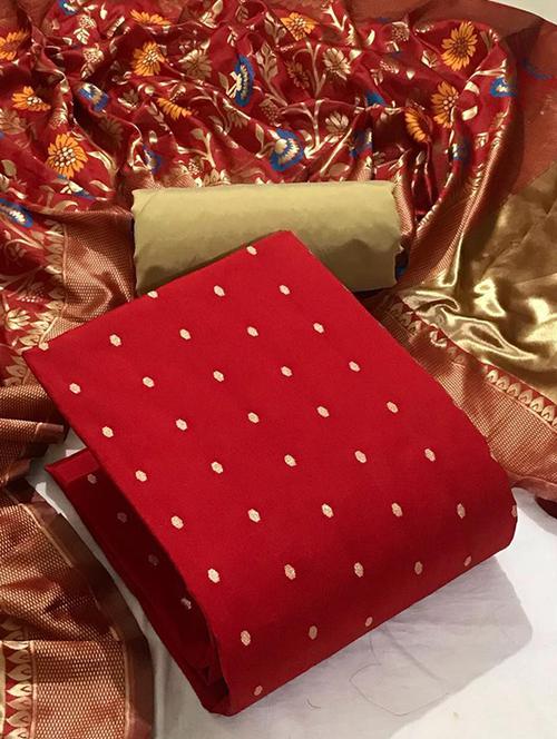 women red banarasi unstitched suits - 20276408 - Very Small Image - 1