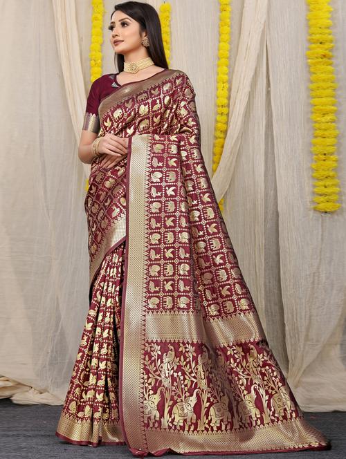 women's self design maroon colored saree with blouse - 20277611 - Very Small Image - 1
