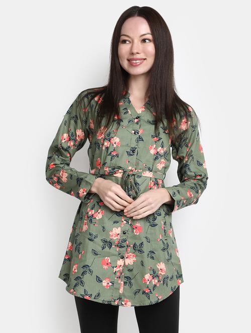 olive floral print oversized shirt - 20277760 - Very Small Image - 1