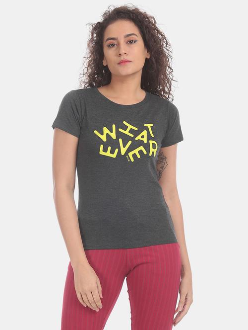 women typographic print grey cotton regular t-shirt - 20278186 - Very Small Image - 1
