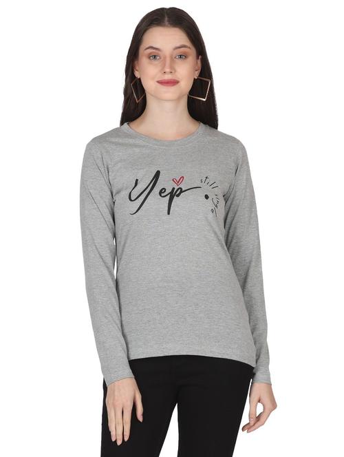 women typography print grey cotton blend regular t-shirt - 20280065 - Very Small Image - 1