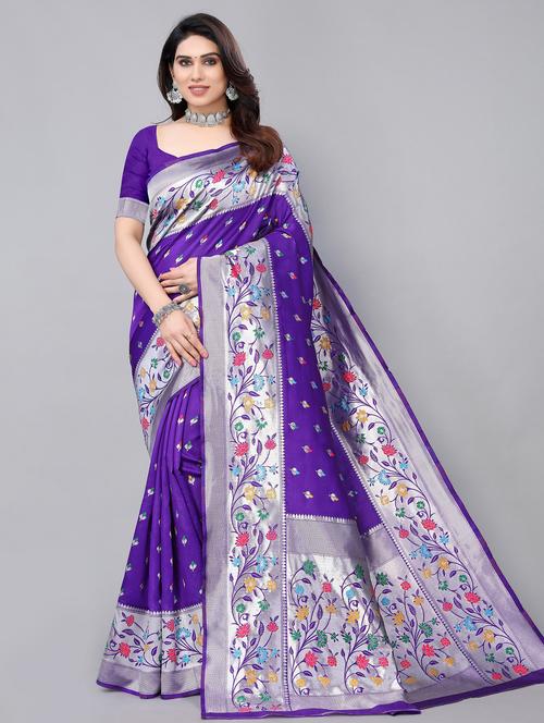 purple silk blend paithani saree - 20280293 - Very Small Image - 1