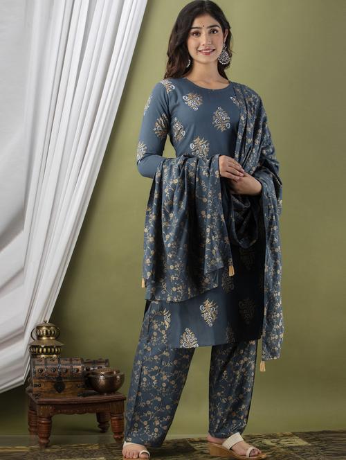 grey colored kurta palazzo set - 20280653 - Very Small Image - 1