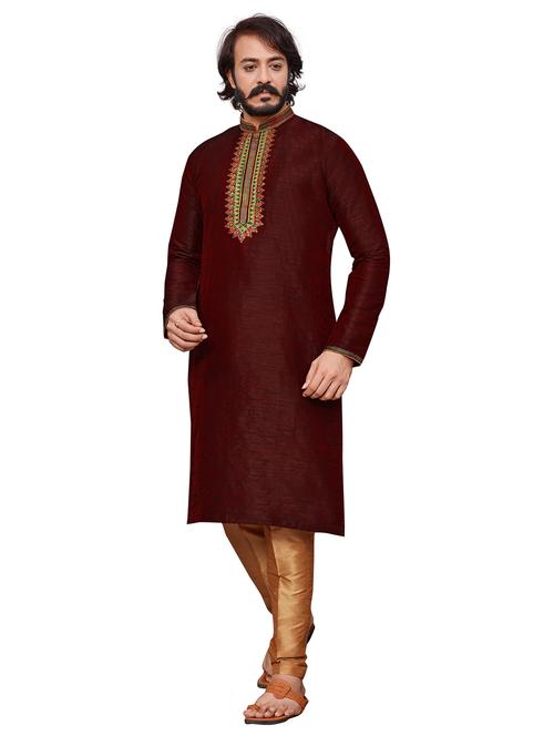 maroon cotton silk kurta pyjama ethnic wear - 20281304 - Very Small Image - 1