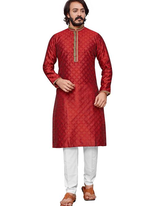 red jacquard kurta pyjama ethnic wear set - 20281382 - Very Small Image - 1
