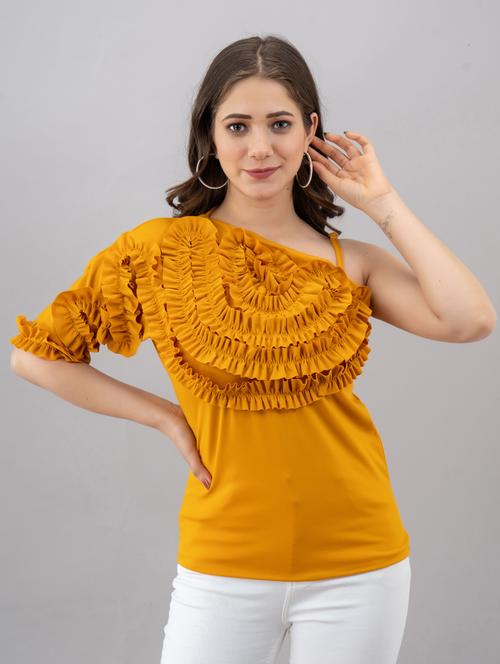 yellow solid ruffle detailed single shoulder top - 20281485 - Very Small Image - 1