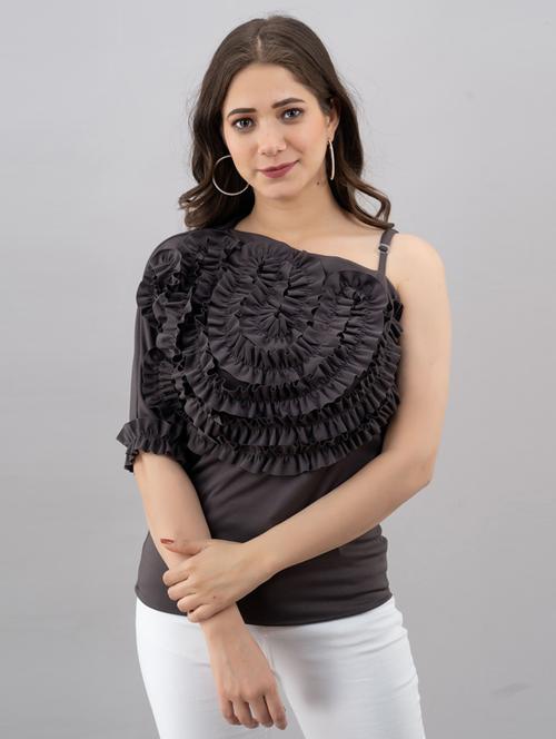 grey solid ruffle detailed single shoulder top - 20281489 - Very Small Image - 1