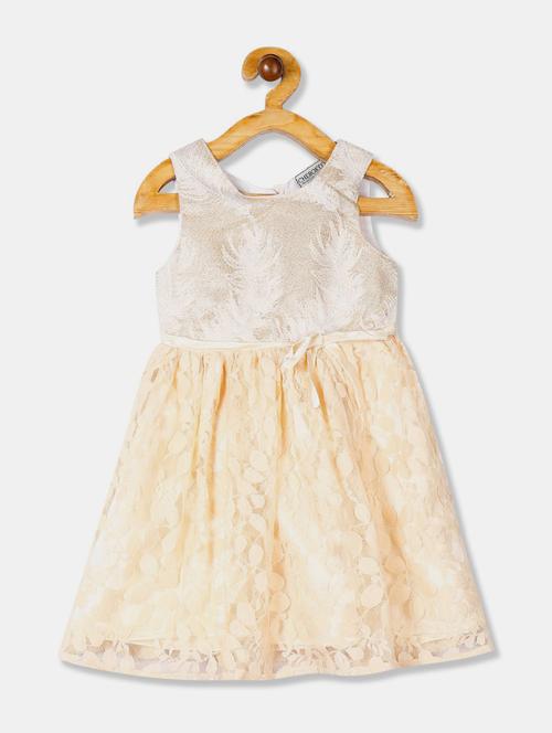 kids cream self design cotton frock - 20282283 - Very Small Image - 1