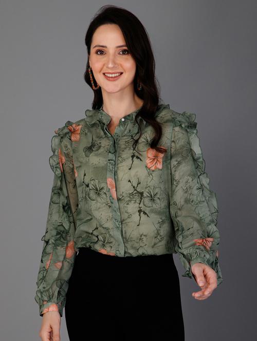 olive floral print boxy shirt - 20282363 - Very Small Image - 1