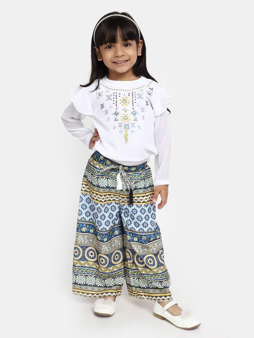 girls white printed embroidery detailed top & pant set - 20282609 - Very Small Image - 1