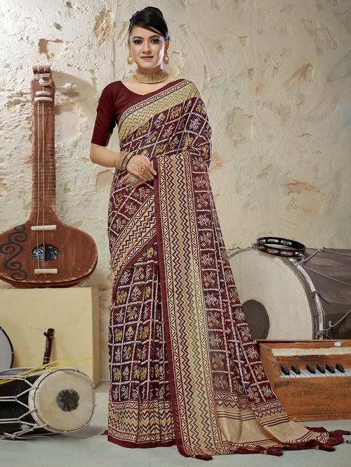 maroon printed saree with blouse - 20282813 - Very Small Image - 1