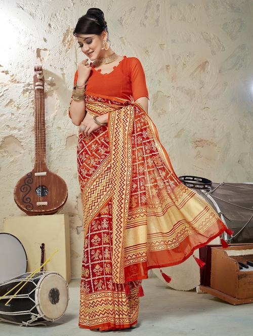 orange printed saree - 20282814 - Very Small Image - 1