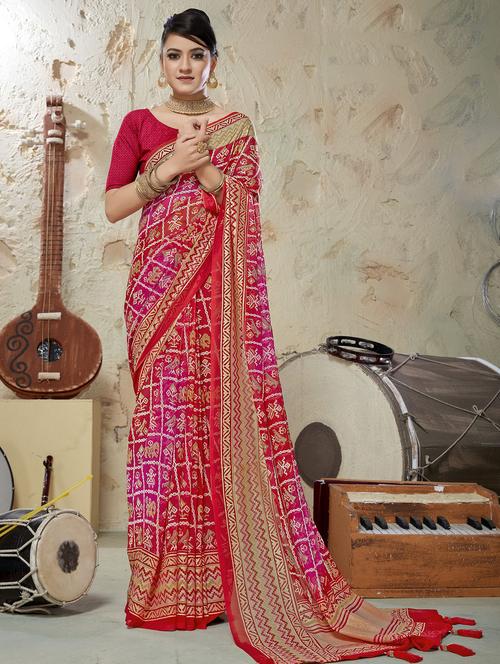 red printed saree with blouse - 20282820 - Very Small Image - 1