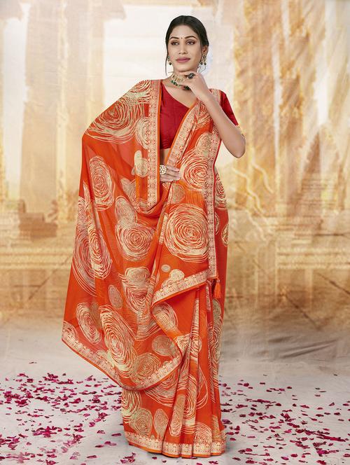 orange printed saree with blouse - 20282854 - Very Small Image - 1