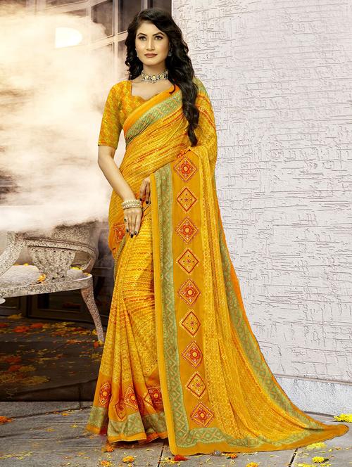 yellow printed saree with blouse - 20282865 - Very Small Image - 1