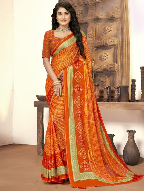 orange printed saree with blouse - 20282869 - Very Small Image - 1