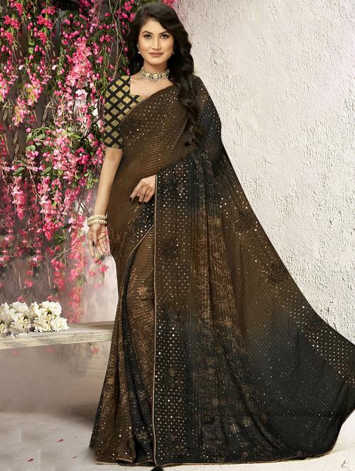brown colored embellished saree with blouse - 20282883 - Very Small Image - 1