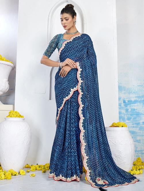 blue colored bandhani saree - 20282890 - Very Small Image - 1