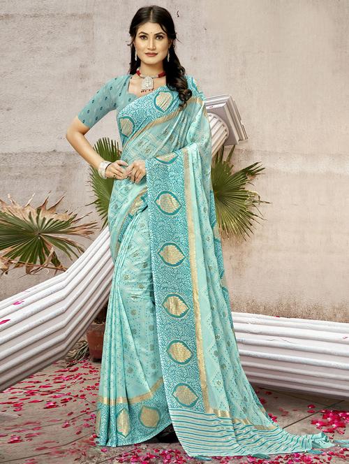 turquoise colored printed saree with blouse - 20282914 - Very Small Image - 1