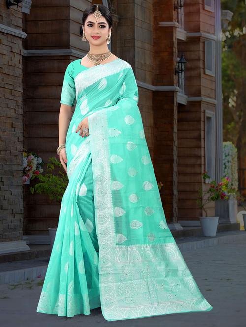 turquoise colored banarasi saree with blouse - 20282917 - Very Small Image - 1