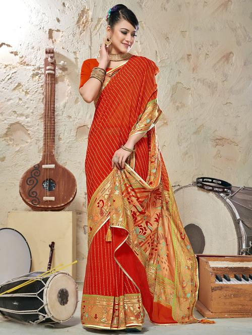 orange printed saree with blouse - 20282941 - Very Small Image - 1