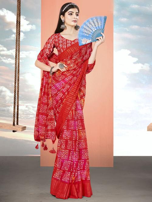 red colored printed saree with blouse - 20282985 - Very Small Image - 1